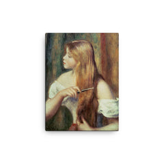 Blonde Girl Combing Her Hair by Pierre-Auguste Renoir canvas print on a plain backdrop in size 12"x16".