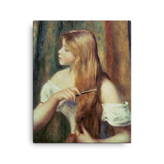Blonde Girl Combing Her Hair by Pierre-Auguste Renoir canvas print on a plain backdrop in size 16"x20".