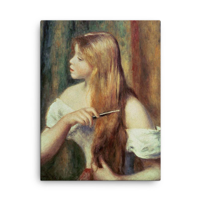 Blonde Girl Combing Her Hair by Pierre-Auguste Renoir canvas print on a plain backdrop in size 18