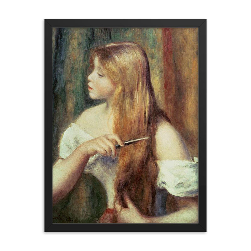 Blonde Girl Combing Her Hair by Pierre-Auguste Renoir framed print on a plain backdrop in size 18