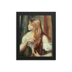 Blonde Girl Combing Her Hair by Pierre-Auguste Renoir framed print on a plain backdrop in size 8"x10".