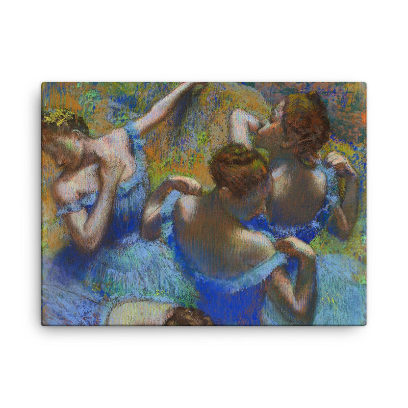 Blue Dancers by Edgar Degas, c. 1899 canvas print on a plain backdrop in size 18