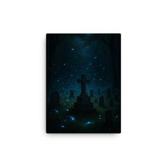 Blue ghost fireflies over Appalachian holler cemetery canvas print on a plain backdrop in size 12"x16".