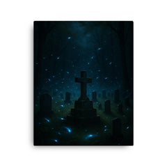 Blue ghost fireflies over Appalachian holler cemetery canvas print on a plain backdrop in size 16"x20".