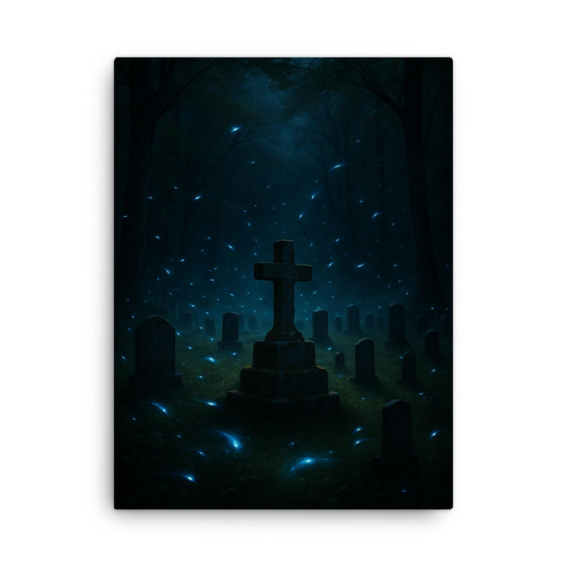 Blue ghost fireflies over Appalachian holler cemetery canvas print on a plain backdrop in size 18