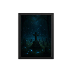 Blue ghost fireflies over Appalachian holler cemetery framed print on a plain backdrop in size 12"x16".
