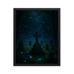 Blue ghost fireflies over Appalachian holler cemetery framed print on a plain backdrop in size 16"x20".
