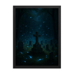 Blue ghost fireflies over Appalachian holler cemetery framed print on a plain backdrop in size 18"x24".
