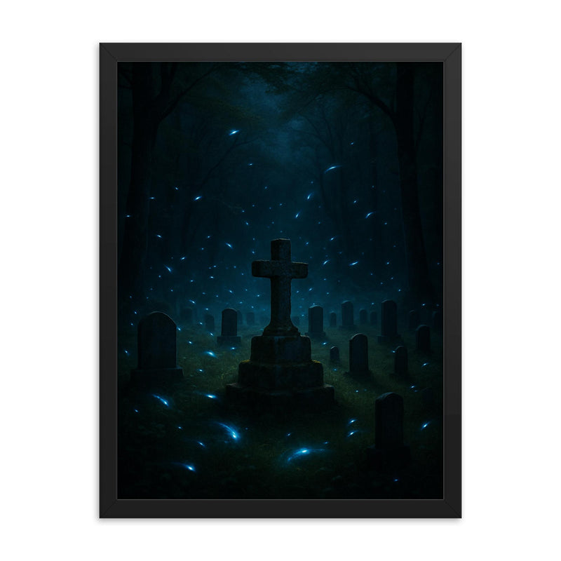 Blue ghost fireflies over Appalachian holler cemetery framed print on a plain backdrop in size 18
