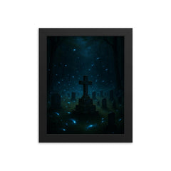 Blue ghost fireflies over Appalachian holler cemetery framed print on a plain backdrop in size 8"x10".