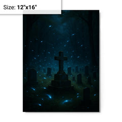 Blue ghost fireflies over Appalachian holler cemetery metal print on a plain backdrop in size 12"x16".