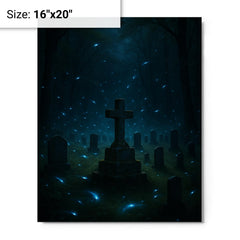 Blue ghost fireflies over Appalachian holler cemetery metal print on a plain backdrop in size 16"x20".