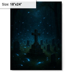 Blue ghost fireflies over Appalachian holler cemetery metal print on a plain backdrop in size 18"x24".