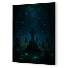 Blue ghost fireflies over Appalachian holler cemetery metal print mockup