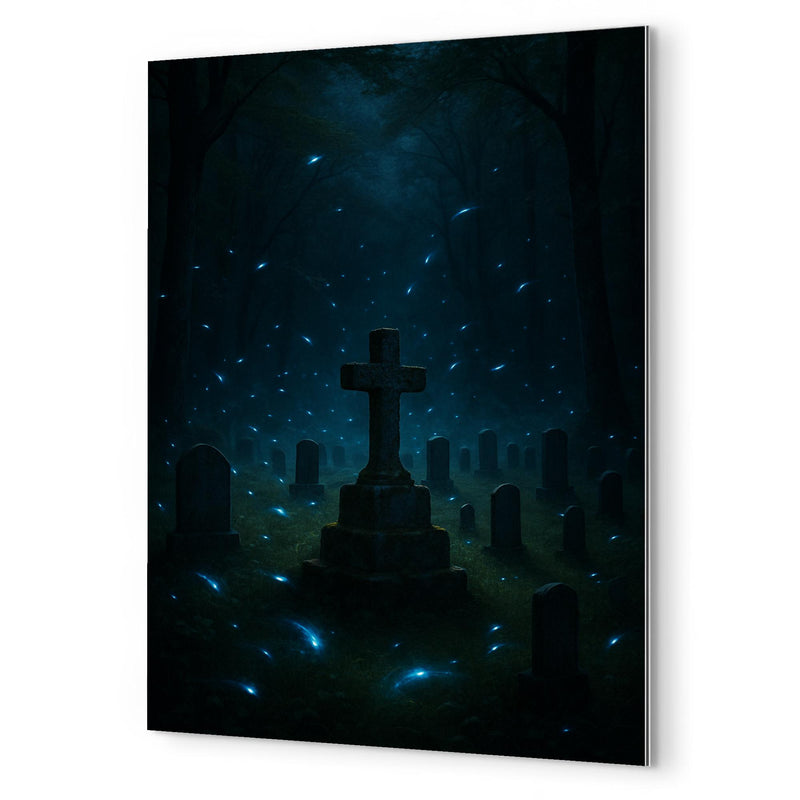 Blue ghost fireflies over Appalachian holler cemetery metal print mockup