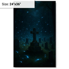 Blue ghost fireflies over Appalachian holler cemetery metal print on a plain backdrop in size 24"x36".