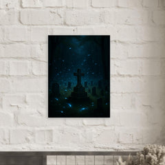 Blue ghost fireflies over Appalachian holler cemetery metal print mockup