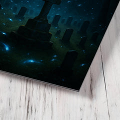 Blue ghost fireflies over Appalachian holler cemetery metal print mockup