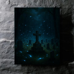 Blue ghost fireflies over Appalachian holler cemetery metal print mockup