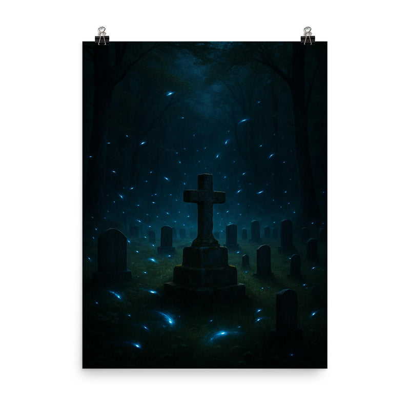 Blue ghost fireflies over Appalachian holler cemetery poster on a plain backdrop in size 8