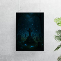 Blue ghost fireflies over Appalachian holler cemetery poster 7