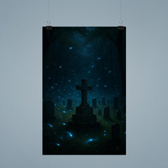 Blue ghost fireflies over Appalachian holler cemetery poster 9