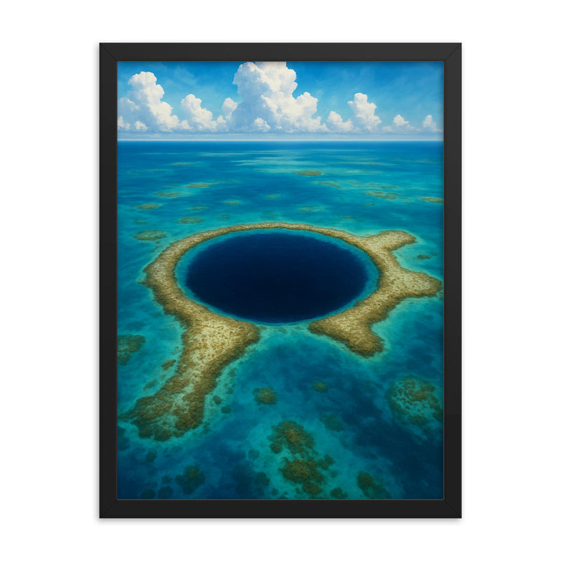 Blue Hole Belize framed print on a plain backdrop in size 18