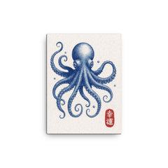 Blue octopus - vintage Japanese aesthetic good luck octopus wall art print canvas print on a plain backdrop in size 12"x16".