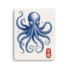 Blue octopus - vintage Japanese aesthetic good luck octopus wall art print canvas print on a plain backdrop in size 16"x20".