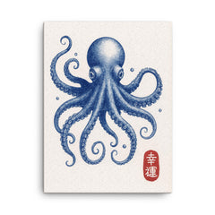 Blue octopus - vintage Japanese aesthetic good luck octopus wall art print canvas print on a plain backdrop in size 18"x24".