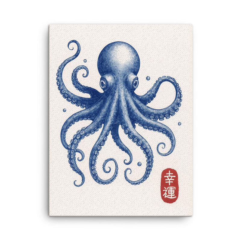 Blue octopus - vintage Japanese aesthetic good luck octopus wall art print canvas print on a plain backdrop in size 18