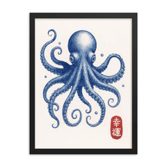Blue octopus - vintage Japanese aesthetic good luck octopus wall art print framed print on a plain backdrop in size 18"x24".