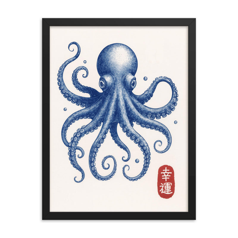 Blue octopus - vintage Japanese aesthetic good luck octopus wall art print framed print on a plain backdrop in size 18
