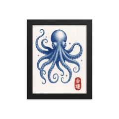 Blue octopus - vintage Japanese aesthetic good luck octopus wall art print framed print on a plain backdrop in size 8"x10".