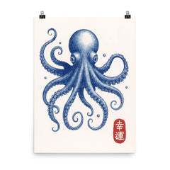 Blue octopus - vintage Japanese aesthetic good luck octopus wall art print poster on a plain backdrop in size 8"x10".
