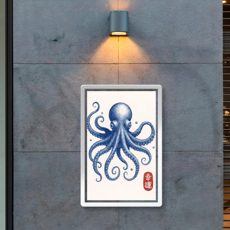 Blue octopus - vintage Japanese aesthetic good luck octopus wall art print poster 2