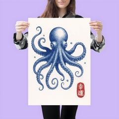 Blue octopus - vintage Japanese aesthetic good luck octopus wall art print poster 3