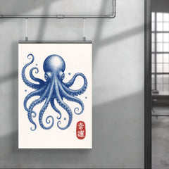 Blue octopus - vintage Japanese aesthetic good luck octopus wall art print poster 4