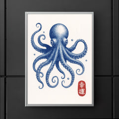 Blue octopus - vintage Japanese aesthetic good luck octopus wall art print poster 5