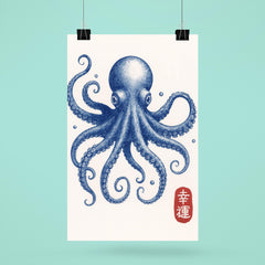 Blue octopus - vintage Japanese aesthetic good luck octopus wall art print poster 6