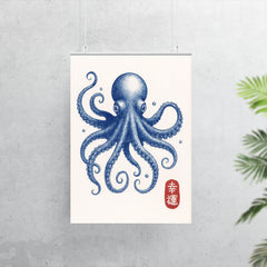Blue octopus - vintage Japanese aesthetic good luck octopus wall art print poster 7