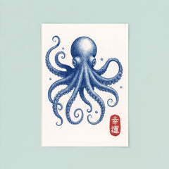 Blue octopus - vintage Japanese aesthetic good luck octopus wall art print poster 8