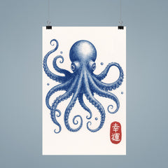 Blue octopus - vintage Japanese aesthetic good luck octopus wall art print poster 9
