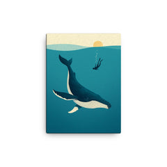 Blue Whale with Diver Minimalist Art canvas print on a plain backdrop in size 12"x16".