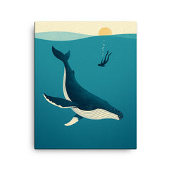 Blue Whale with Diver Minimalist Art canvas print on a plain backdrop in size 16"x20".