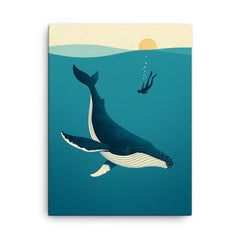 Blue Whale with Diver Minimalist Art canvas print on a plain backdrop in size 18"x24".