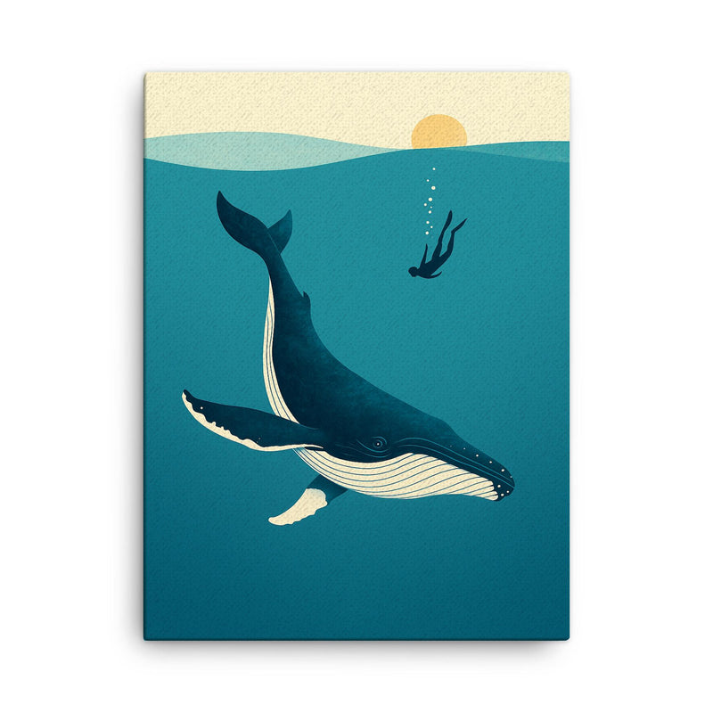 Blue Whale with Diver Minimalist Art canvas print on a plain backdrop in size 18
