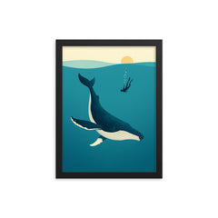 Blue Whale with Diver Minimalist Art framed print on a plain backdrop in size 12"x16".