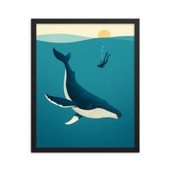 Blue Whale with Diver Minimalist Art framed print on a plain backdrop in size 16"x20".