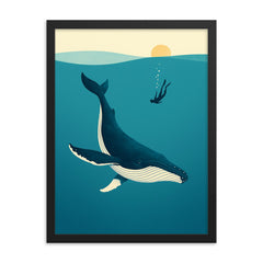 Blue Whale with Diver Minimalist Art framed print on a plain backdrop in size 18"x24".
